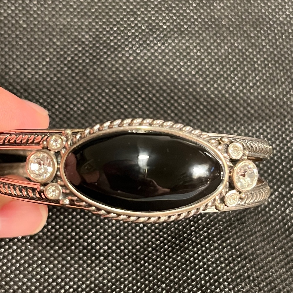 Sterling Silver Bangle Cuff Bracelet Black Oval design and crystals on each side